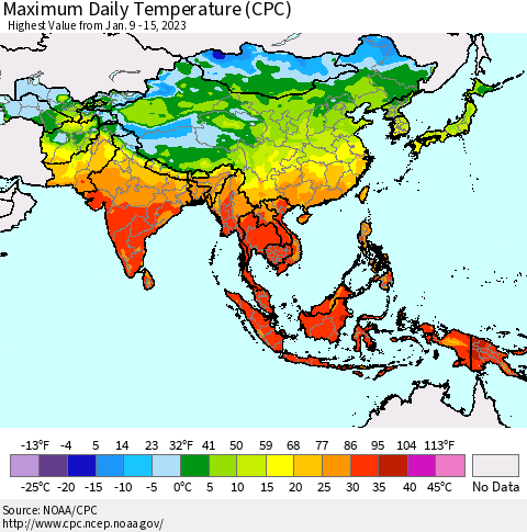 Asia Maximum Daily Temperature (CPC) Thematic Map For 1/9/2023 - 1/15/2023
