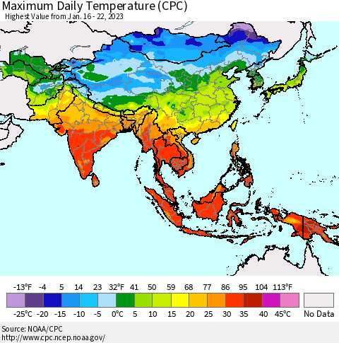 Asia Maximum Daily Temperature (CPC) Thematic Map For 1/16/2023 - 1/22/2023
