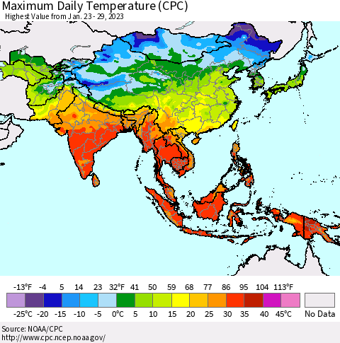 Asia Maximum Daily Temperature (CPC) Thematic Map For 1/23/2023 - 1/29/2023
