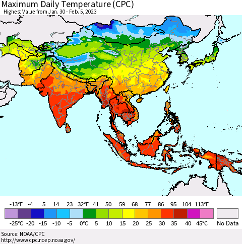 Asia Maximum Daily Temperature (CPC) Thematic Map For 1/30/2023 - 2/5/2023