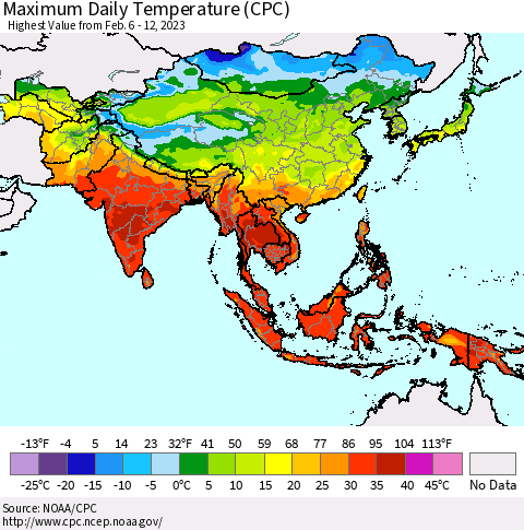 Asia Maximum Daily Temperature (CPC) Thematic Map For 2/6/2023 - 2/12/2023