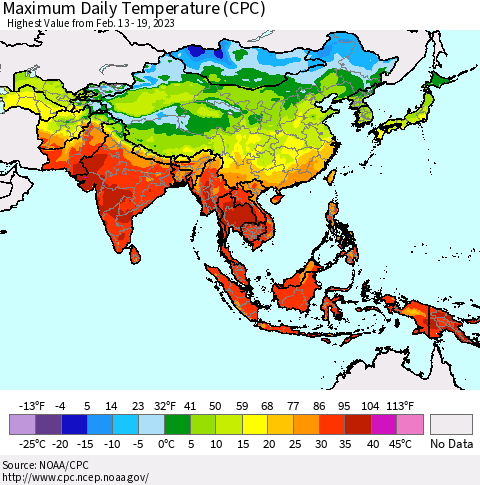 Asia Maximum Daily Temperature (CPC) Thematic Map For 2/13/2023 - 2/19/2023