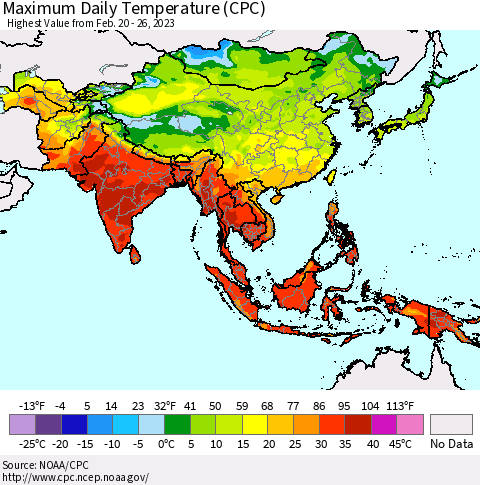 Asia Maximum Daily Temperature (CPC) Thematic Map For 2/20/2023 - 2/26/2023
