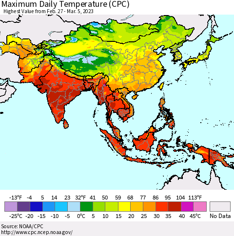 Asia Maximum Daily Temperature (CPC) Thematic Map For 2/27/2023 - 3/5/2023