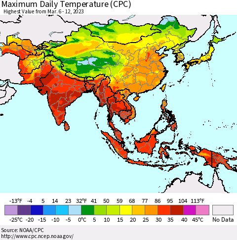 Asia Maximum Daily Temperature (CPC) Thematic Map For 3/6/2023 - 3/12/2023