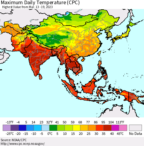 Asia Maximum Daily Temperature (CPC) Thematic Map For 3/13/2023 - 3/19/2023