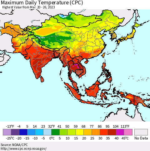Asia Maximum Daily Temperature (CPC) Thematic Map For 3/20/2023 - 3/26/2023