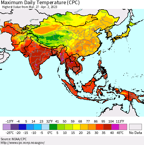 Asia Maximum Daily Temperature (CPC) Thematic Map For 3/27/2023 - 4/2/2023