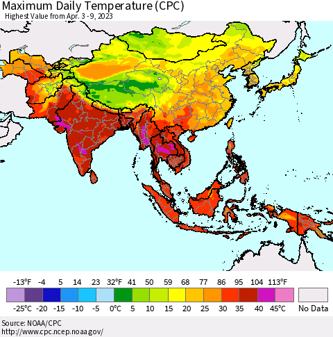 Asia Maximum Daily Temperature (CPC) Thematic Map For 4/3/2023 - 4/9/2023