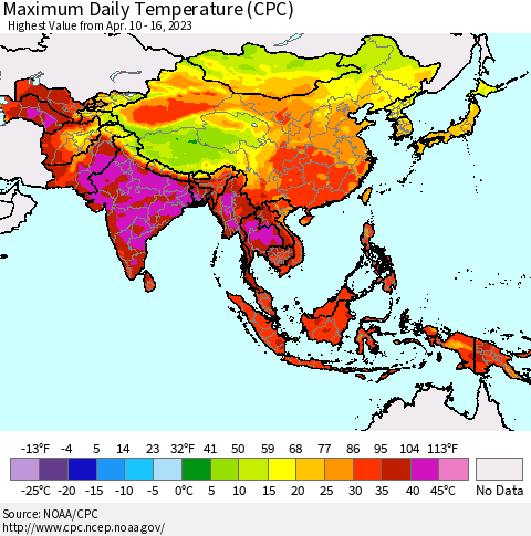 Asia Maximum Daily Temperature (CPC) Thematic Map For 4/10/2023 - 4/16/2023