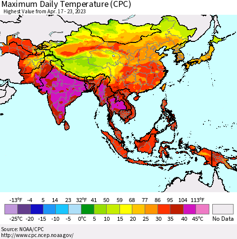 Asia Maximum Daily Temperature (CPC) Thematic Map For 4/17/2023 - 4/23/2023