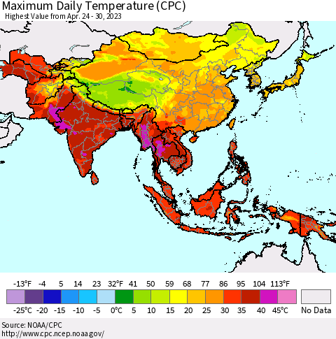 Asia Maximum Daily Temperature (CPC) Thematic Map For 4/24/2023 - 4/30/2023