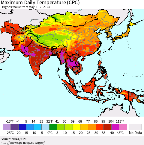 Asia Maximum Daily Temperature (CPC) Thematic Map For 5/1/2023 - 5/7/2023
