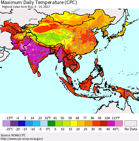 Asia Maximum Daily Temperature (CPC) Thematic Map For 5/8/2023 - 5/14/2023