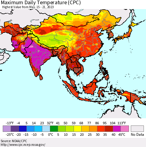 Asia Maximum Daily Temperature (CPC) Thematic Map For 5/15/2023 - 5/21/2023