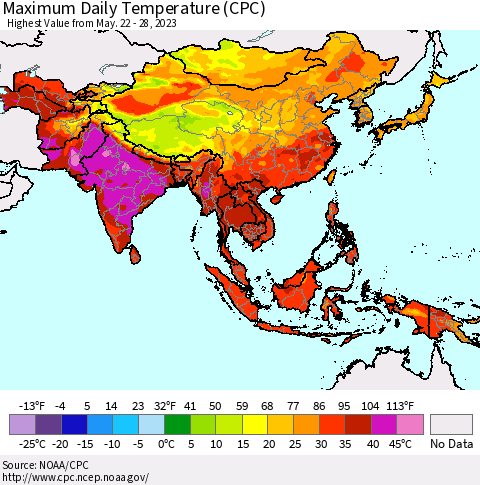 Asia Maximum Daily Temperature (CPC) Thematic Map For 5/22/2023 - 5/28/2023