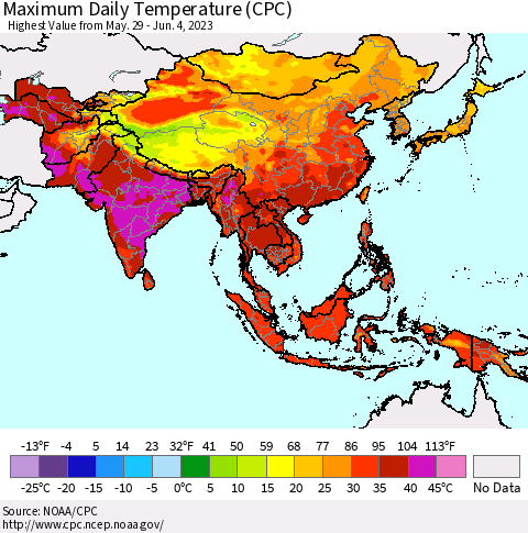 Asia Maximum Daily Temperature (CPC) Thematic Map For 5/29/2023 - 6/4/2023