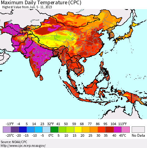 Asia Maximum Daily Temperature (CPC) Thematic Map For 6/5/2023 - 6/11/2023