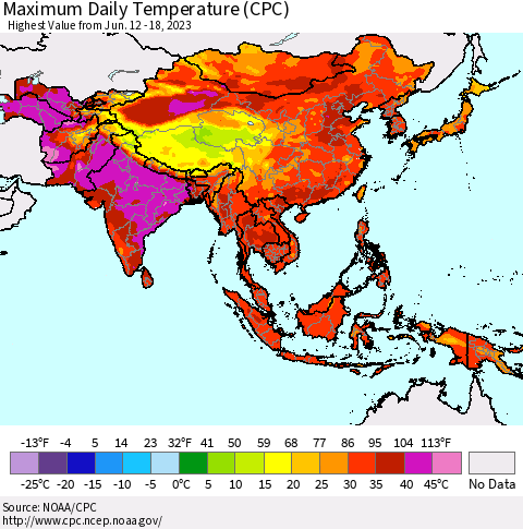Asia Maximum Daily Temperature (CPC) Thematic Map For 6/12/2023 - 6/18/2023