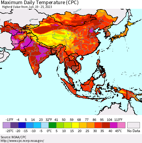 Asia Maximum Daily Temperature (CPC) Thematic Map For 6/19/2023 - 6/25/2023