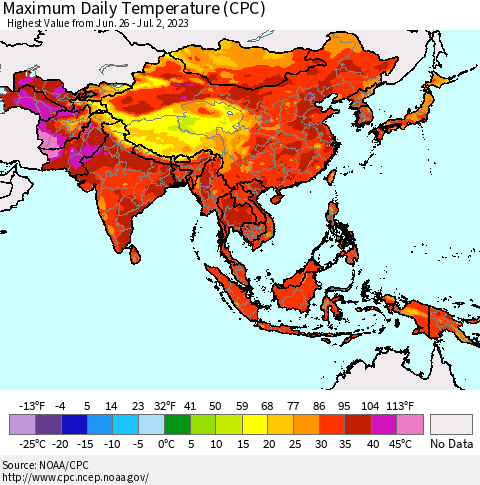 Asia Maximum Daily Temperature (CPC) Thematic Map For 6/26/2023 - 7/2/2023