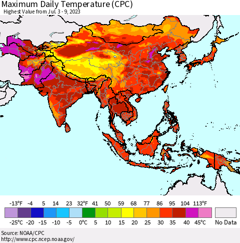 Asia Maximum Daily Temperature (CPC) Thematic Map For 7/3/2023 - 7/9/2023