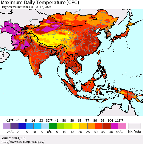 Asia Maximum Daily Temperature (CPC) Thematic Map For 7/10/2023 - 7/16/2023