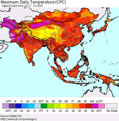 Asia Maximum Daily Temperature (CPC) Thematic Map For 7/17/2023 - 7/23/2023