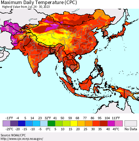 Asia Maximum Daily Temperature (CPC) Thematic Map For 7/24/2023 - 7/30/2023