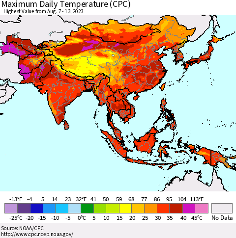 Asia Maximum Daily Temperature (CPC) Thematic Map For 8/7/2023 - 8/13/2023