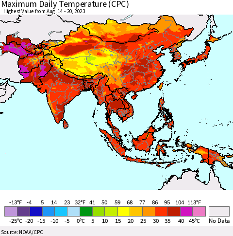 Asia Maximum Daily Temperature (CPC) Thematic Map For 8/14/2023 - 8/20/2023
