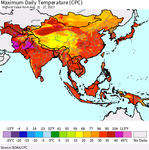 Asia Maximum Daily Temperature (CPC) Thematic Map For 8/21/2023 - 8/27/2023