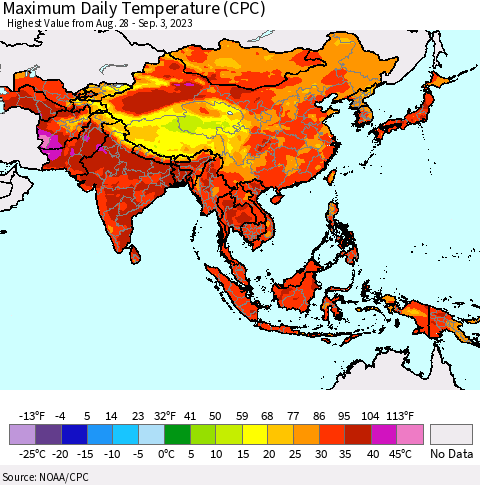 Asia Maximum Daily Temperature (CPC) Thematic Map For 8/28/2023 - 9/3/2023