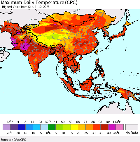 Asia Maximum Daily Temperature (CPC) Thematic Map For 9/4/2023 - 9/10/2023