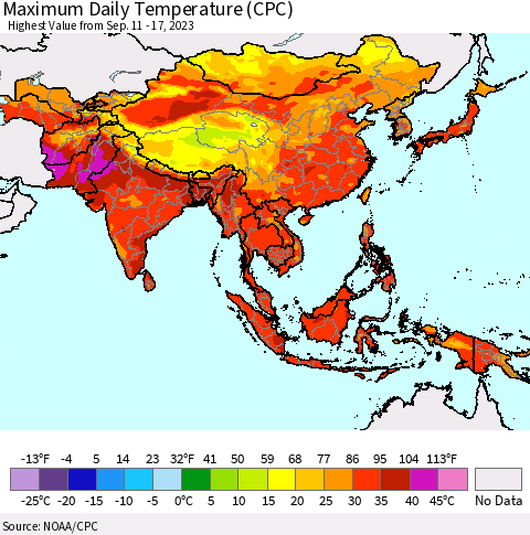 Asia Maximum Daily Temperature (CPC) Thematic Map For 9/11/2023 - 9/17/2023