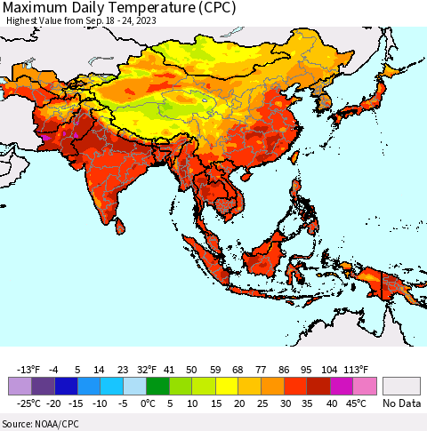 Asia Maximum Daily Temperature (CPC) Thematic Map For 9/18/2023 - 9/24/2023