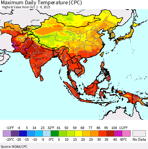 Asia Maximum Daily Temperature (CPC) Thematic Map For 10/2/2023 - 10/8/2023