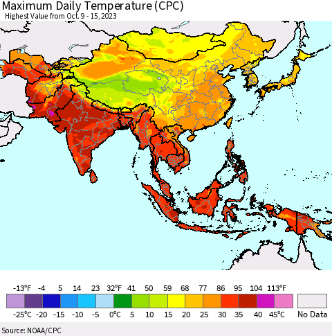 Asia Maximum Daily Temperature (CPC) Thematic Map For 10/9/2023 - 10/15/2023