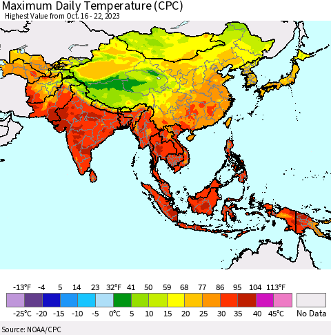 Asia Maximum Daily Temperature (CPC) Thematic Map For 10/16/2023 - 10/22/2023