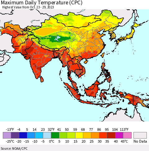 Asia Maximum Daily Temperature (CPC) Thematic Map For 10/23/2023 - 10/29/2023