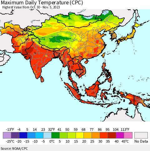 Asia Maximum Daily Temperature (CPC) Thematic Map For 10/30/2023 - 11/5/2023