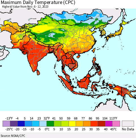 Asia Maximum Daily Temperature (CPC) Thematic Map For 11/6/2023 - 11/12/2023