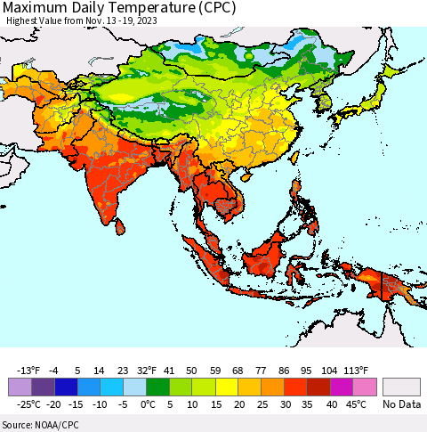 Asia Maximum Daily Temperature (CPC) Thematic Map For 11/13/2023 - 11/19/2023