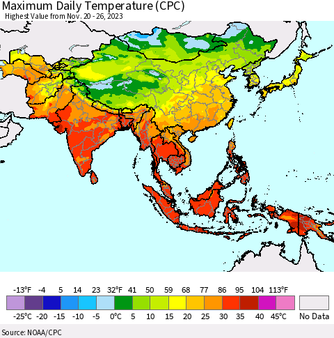 Asia Maximum Daily Temperature (CPC) Thematic Map For 11/20/2023 - 11/26/2023