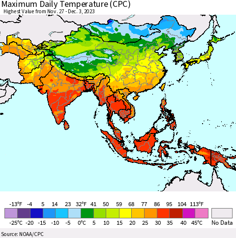 Asia Maximum Daily Temperature (CPC) Thematic Map For 11/27/2023 - 12/3/2023