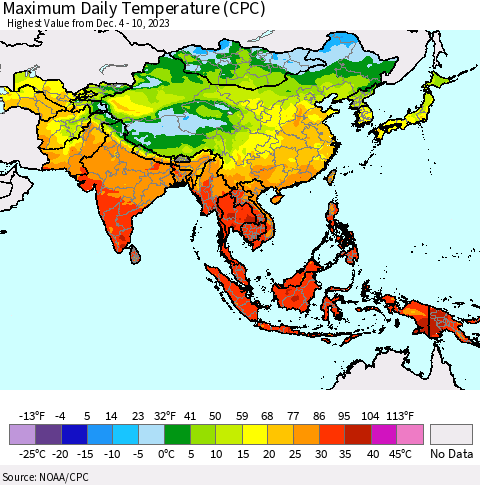 Asia Maximum Daily Temperature (CPC) Thematic Map For 12/4/2023 - 12/10/2023