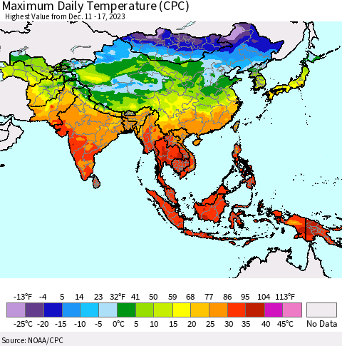 Asia Maximum Daily Temperature (CPC) Thematic Map For 12/11/2023 - 12/17/2023
