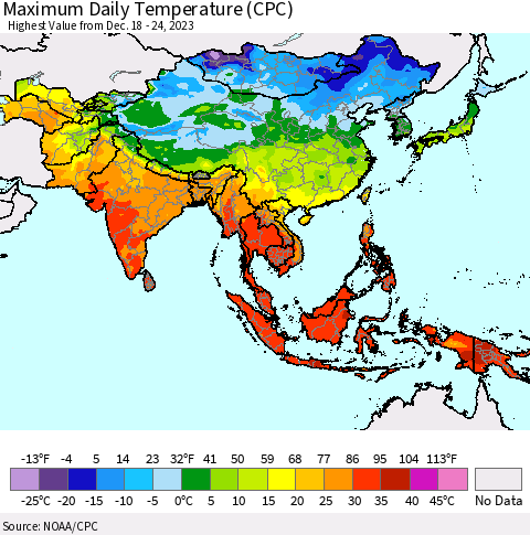 Asia Maximum Daily Temperature (CPC) Thematic Map For 12/18/2023 - 12/24/2023