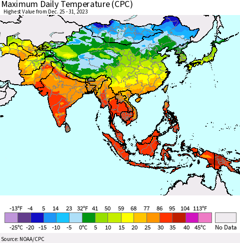 Asia Maximum Daily Temperature (CPC) Thematic Map For 12/25/2023 - 12/31/2023