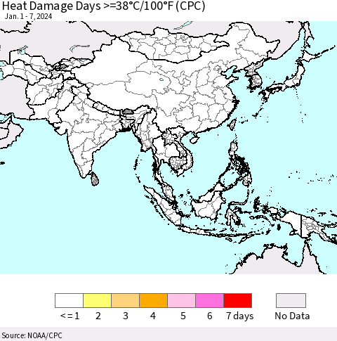 Asia Heat Damage Days >=38°C/100°F (CPC) Thematic Map For 1/1/2024 - 1/7/2024